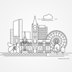 Manchester England, detailed silhouette. Trendy vector illustration, flat style. Stylish colorful landmarks. The concept for a web banner. Business icon