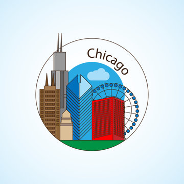 Chicago USA vector Detailed silhouette. Trendy vector illustration, flat style. Round colorful landmarks. The concept for a web banner or travel logo