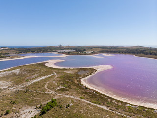The mysterious and pink Lake at Rottnest island, Perth on a beautiful sunny day from above. 