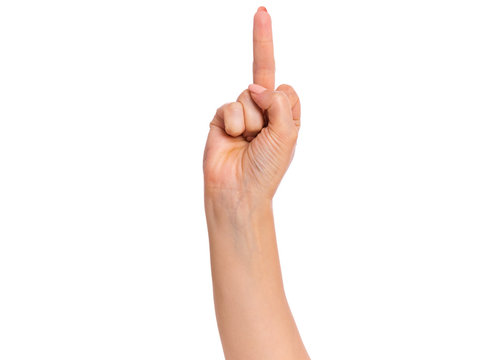 Female Hand Showing Middle Finger Gesture, Isolated On White Background. Beautiful Hand Of Woman With Copy Space.