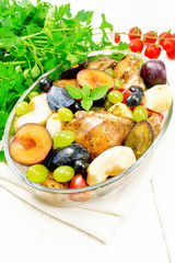 Chicken with fruits and tomatoes in pan on light board