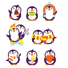 Set of cute cartoon penguins in different poses