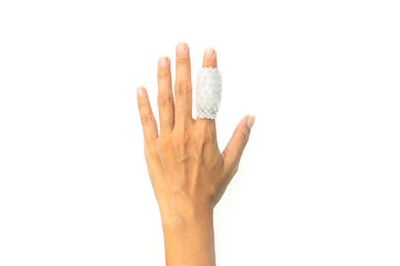 Injured painful finger with white gauze bandage