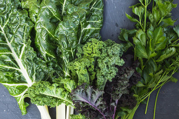 Green vegetables food collage. Kale, celery and chard.