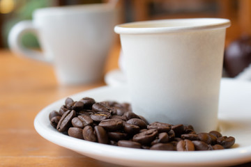 Raw seeds coffee on white dish and blurred white cup hot coffee on side,