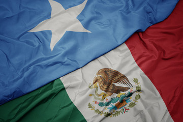 waving colorful flag of mexico and national flag of somalia. macro