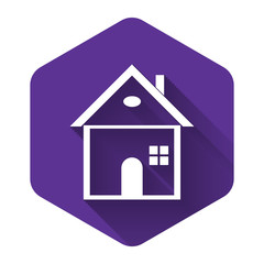 White House icon isolated with long shadow. Home symbol. Purple hexagon button. Vector Illustration