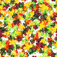 Naklejka na ściany i meble Seamless pattern with autumn maple leaves. Watercolor design for fabric, packaging, paper. Hand drawn