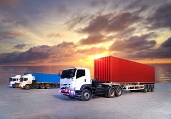 Industry 4.0 Truck transportation,Container cargo working for import export logistic industrial with beautiful sky background,Thailand