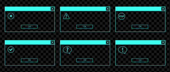 Glowing neon UI set of the error messages and system dialog boxes. - obrazy, fototapety, plakaty