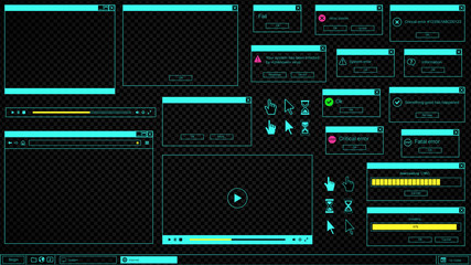 Contrast UI of desktop elements: web browser window, video player, error message, computer cursor.
