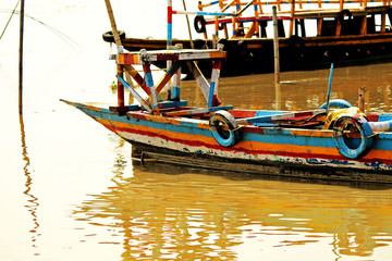 Fototapeta na wymiar View of a wooden fishing boat nose at Brahmaputra Rive Assam India.