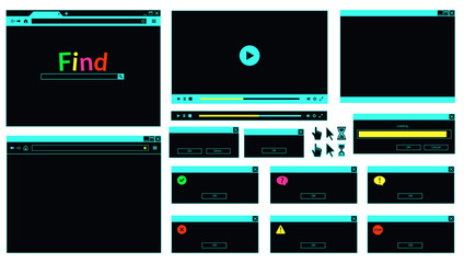 Neon colored web browser window, error message, video player, computer cursors.