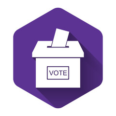 White Vote box or ballot box with envelope icon isolated with long shadow. Purple hexagon button. Vector Illustration