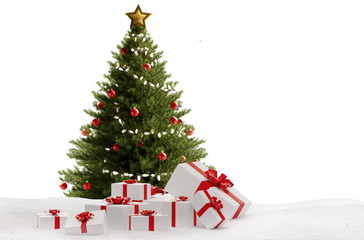 christmas presents in the snow in front of christmas tree 3d-illustration