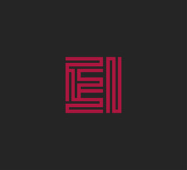 Initial two letter red line shape logo on black vector EI