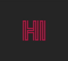 Initial two letter red line shape logo on black vector HI