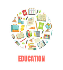 Education Banner Template with School Supplies od Round Shape Vector Illustration