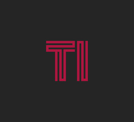 Initial two letter red line shape logo on black vector TI