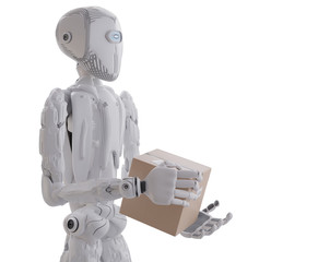 one robot with box, artificial intelligence 3d illustration
