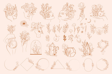Set of abstract leaf and flower elements, hands and girl portrait in one line style. Illustration in minimalistic style. Editable vector illustration