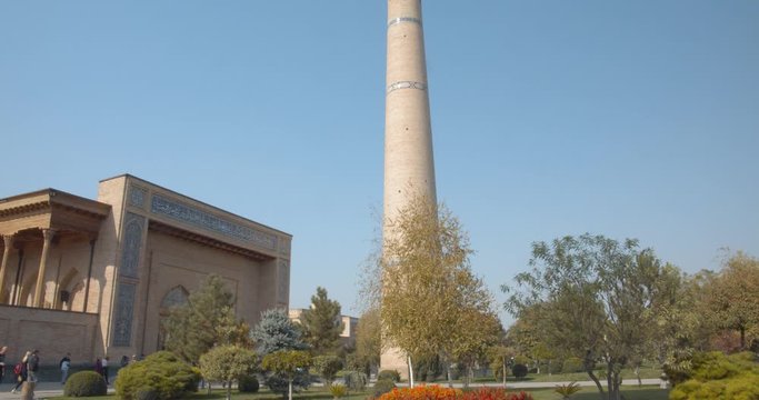 Muslim religious complex, mausoleum Hazrati Imam in Tashkent, Uzbekistan. The minarets that are close to the mosque about 50 meters high. Part of the medrese is now occupied by artisans.