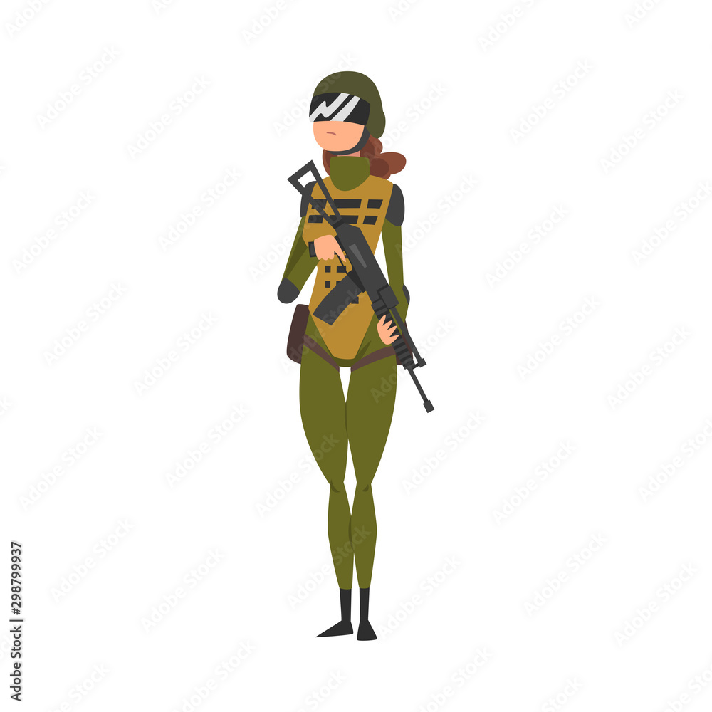 Sticker young woman soldier or officer in bulletproof vest, mask and assault rifle, professional military fe