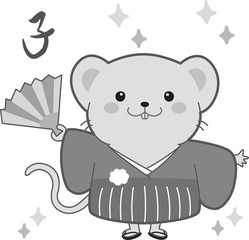 ねずみ　キャラクター　扇　扇子　モノクロ　子年　年賀状