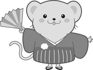 ねずみ　キャラクター　扇　扇子　モノクロ　子年　年賀状