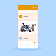 family doing housework mother with son loading clothes in washing machine cleaning service concept smartphone screen online mobile app full length sketch vector illustration