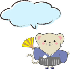ねずみ　キャラクター　扇　水色　波型　吹き出し付き　子年　年賀状　メッセージ