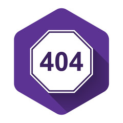 White Page with a 404 error icon isolated with long shadow. Template reports that the page is not found. Purple hexagon button. Vector Illustration