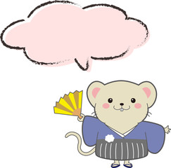 ねずみ　キャラクター　扇　ピンク　波型　吹き出し付き　子年　年賀状　メッセージ