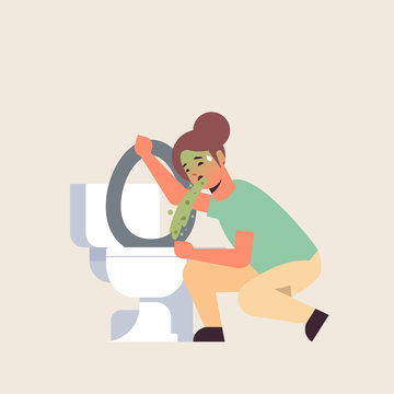 Sad Woman Vomiting In Toilet Nausea Stomach Ache Food Or Alcohol Poisoning Digestive Problem Concept Unhappy Girl Puking Feeling Sick Flat Full Length Vector Illustration