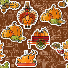 Thanksgiving Holiday Texture. Seamless pattern with Happy Thanksgiving stickers. Vector.