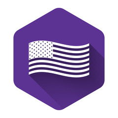 White American flag icon isolated with long shadow. Flag of USA. Purple hexagon button. Vector Illustration
