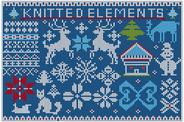 Set of Christmas knitted elements and decorations. Knitted deer, snowflakes, ornament, Christmas tree  on a blue background