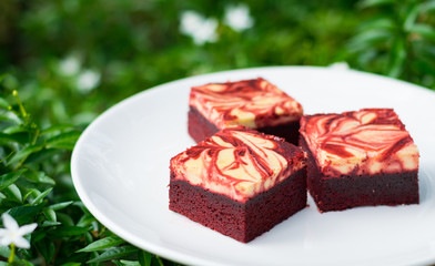Red velvet cream cheese brownies on white dish