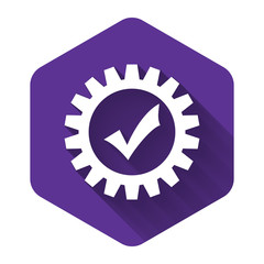 White Gear with check mark icon isolated with long shadow. Cogwheel simple icon. Approved service sign. Transmission Rotation Mechanism symbol. Purple hexagon button. Vector Illustration
