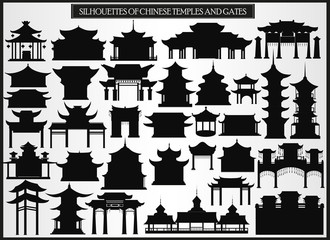 Set of silhouetted Chinese buildings, gates and traditional architecture on a white background - obrazy, fototapety, plakaty