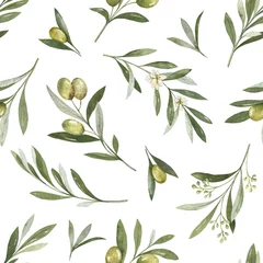 Foto op Plexiglas Aquarel vector naadloze patroon van olijftakken en bladeren. © ElenaMedvedeva