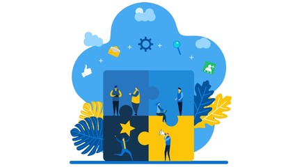 people connecting puzzle elements.Symbol of teamwork,partnership.team metaphor.Vector Illustration, Suitable For web landing page,Wallpaper, Background, Card, banner,Book Illustration