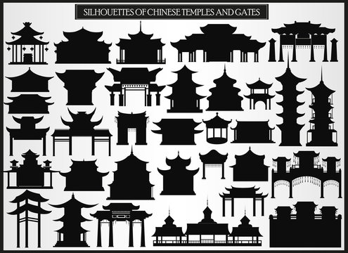 Set of silhouetted Chinese buildings, gates and traditional architecture on a white background