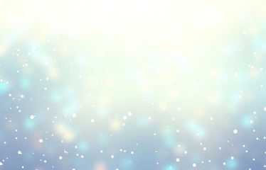 Snow on shine glare background. White blue shimmer ombre pattern. Magical light winter illustration. Blurred holiday texture. Faint soft flares on fuzzy delicate backdrop.