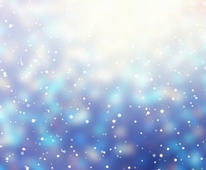 Snow falls on Xmas tree garland glare. Blurred bokeh holiday background. Magical night winter texture. Blue snow wonderful abstract illustration. New Year festive pattern. Defocus garland lights.