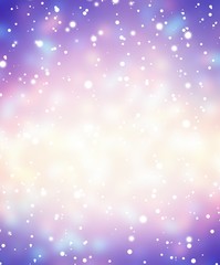 Fototapeta premium Magical snowfall pattern. Blue pink lilac iridescent ombre. Winter wonderful empty background. Xmas holiday glare blurred texture. New Year festive shimmer backdrop. Sparkler decoration.