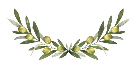 Watercolor vector wreath of olive branches and berries.