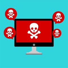 Flat design style modern vector illustration concept of computer and laptop with virus alert message, trojan and worm distribution via internet, software, equipment, antivirus and firewall protection.