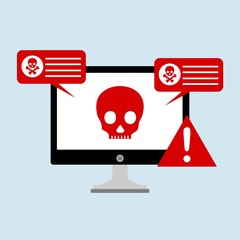 Flat design style modern vector illustration concept of computer and laptop with virus alert message, trojan and worm distribution via internet, software, equipment, antivirus and firewall protection.