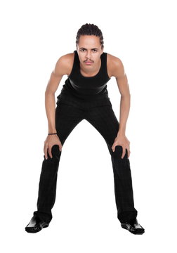 mixed race african man with braids resting aftar a run